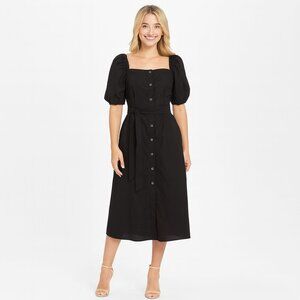2/$30 J.Crew M Black Midi Dress Puff Sleeves & Button Front With Wide Sash